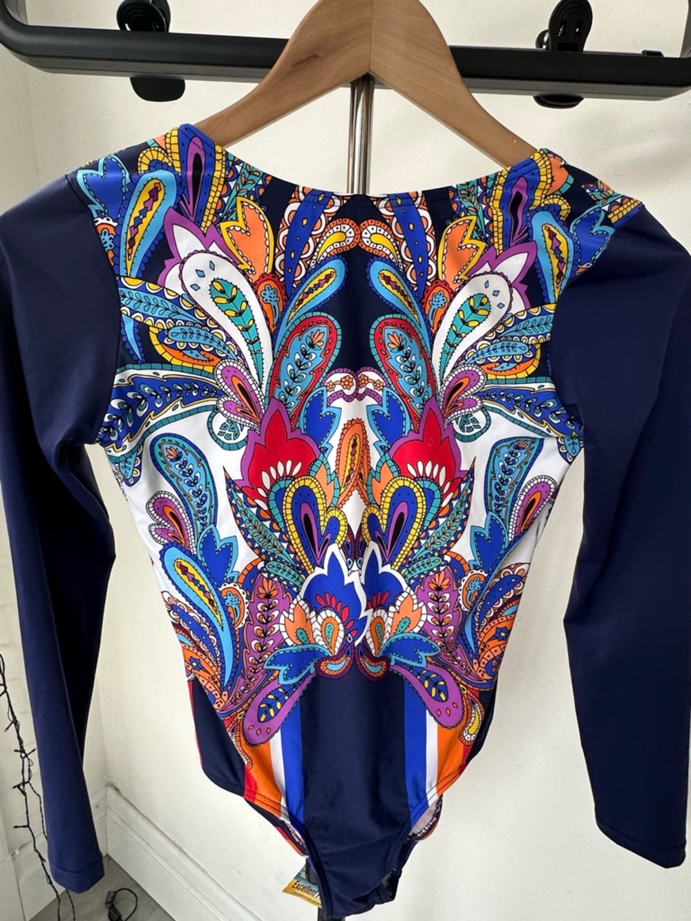 Aqua Blu Navy Multicolor Paisley Print Long Sleeve Bodysuit